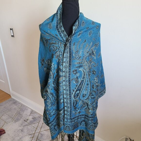 Pashmina Shawl Scarf Cashmere Silk Teal Blue Turquoise Black Paisley Wrap 68x26 - Picture 1 of 7